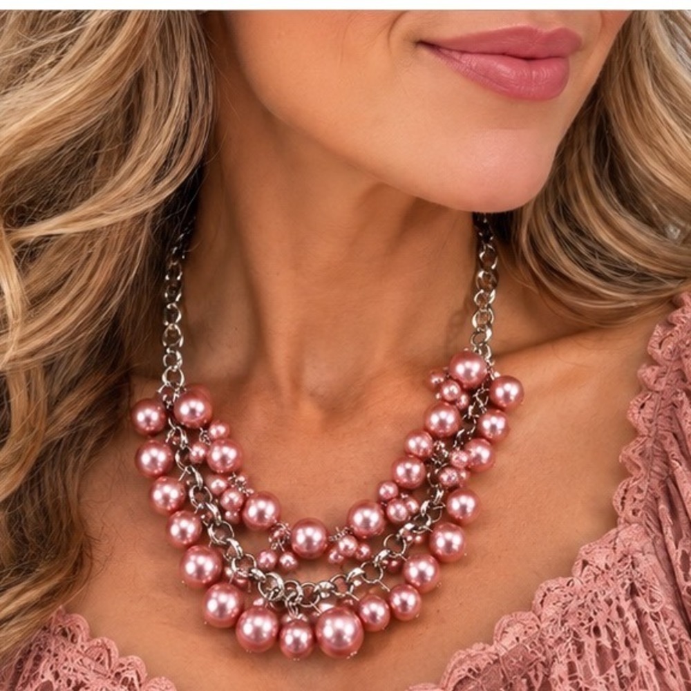 Pink Pearlized Beads Cluster Bib Necklace Silver Tone Multi Strand Statement